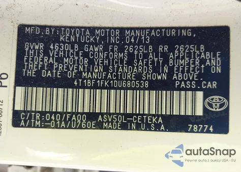 2013 Toyota Camry L из США, поврежденный, VIN 4T1BF1FK1DU680538